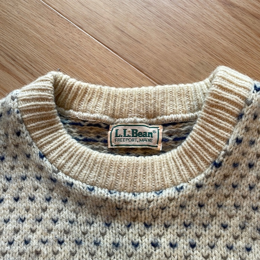 L.L. Bean Cream Crewneck Sweater with Navy Dot Pattern - Picture 3 of 4